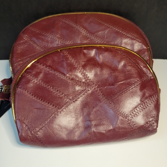 Vintage Set 4 Burgundy Red Leather Patchwork Zip Cosmetic Bag Coin Purse Makeup - Picture 5 of 11